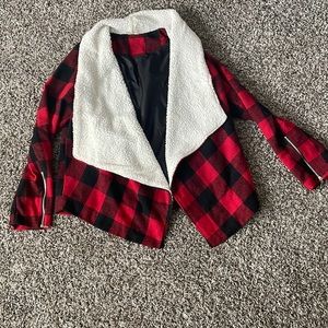 Black and red jacket with fleece collar and zipper sleeves